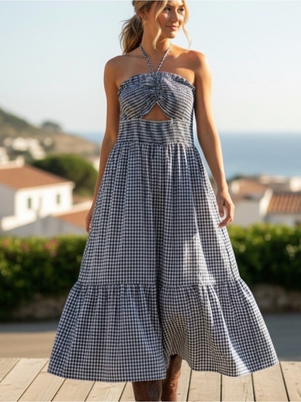 Avara Blue & White Gingham Tiered Halter Dress Size XL